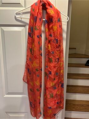 Peach Couture Coral Scarf with Multicolor Owl Motif